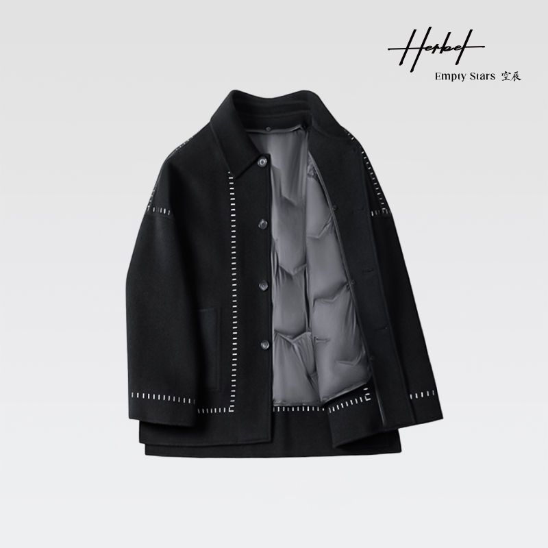 HERBEL/黑白秋冬黑色100%绵羊毛大衣 可拆卸内胆少年感穿搭休闲潮