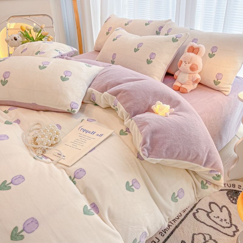 【小扬哥推荐】ins风冬季牛奶绒紫色郁金香被罩加厚四件套珊瑚绒保