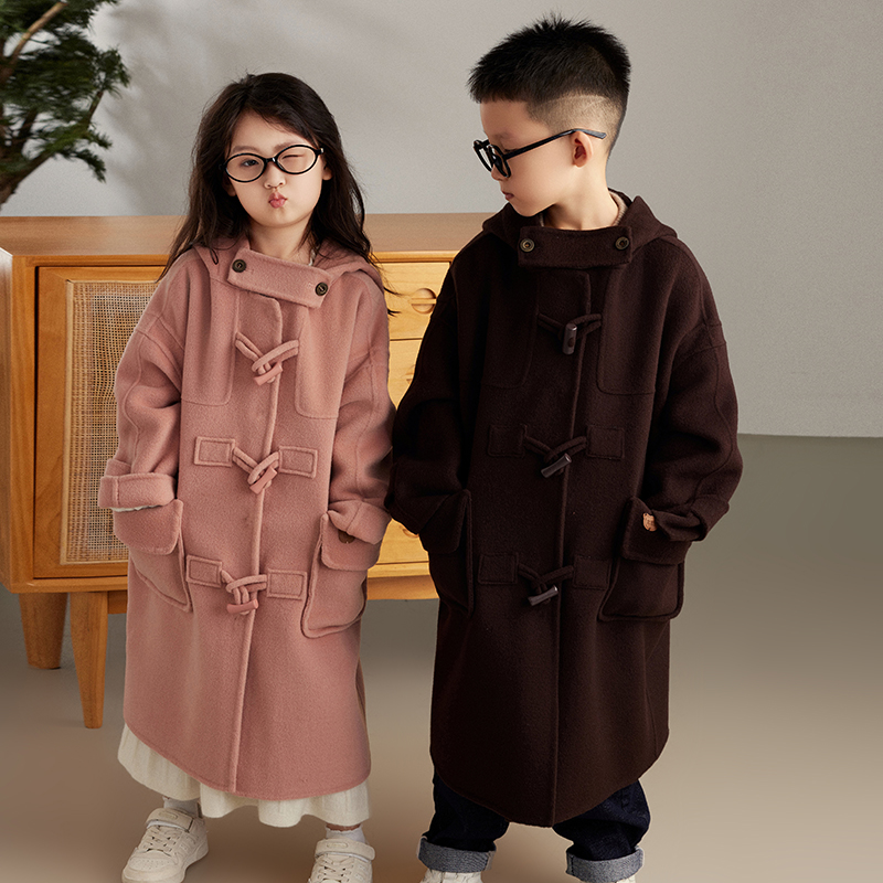 儿童纯羊毛双面呢大衣连帽中长款宽松休闲男女中大童加厚毛呢外套