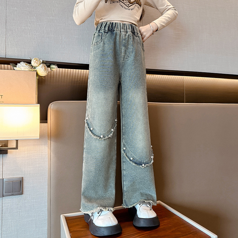 【巴啦甄选】女童裤子2024新款秋装牛仔裤大童女孩直筒阔腿长裤洋
