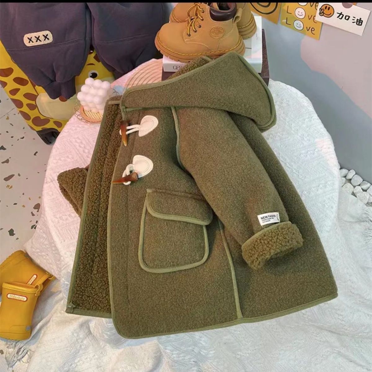 【巴啦甄选】儿童呢大衣加绒冬装2024冬季新款中长款宝宝连帽外套