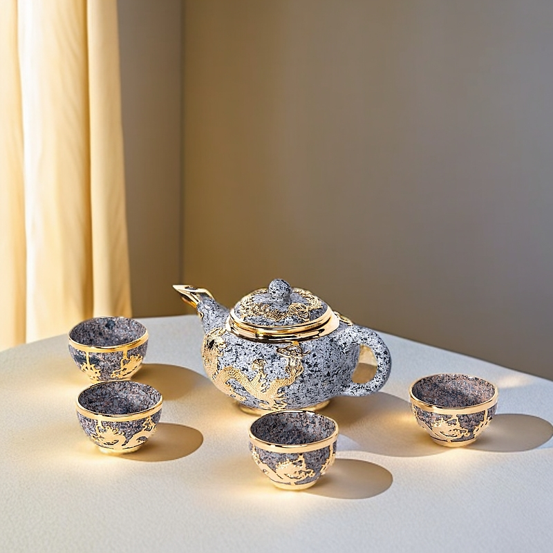高档镶嵌麦饭石茶壶 轻奢杯具套装 家用送礼 一壶四碗 礼盒装