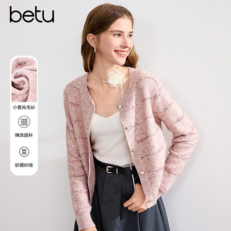 Betu/百图【流光风】25新款条纹开衫外套圆领长袖女式针织衫2408T22