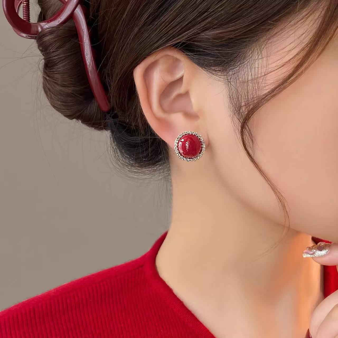 檀亿 铜合金耳饰 【太阳女神】红色经典简约小香风气质锆石轻奢耳钉