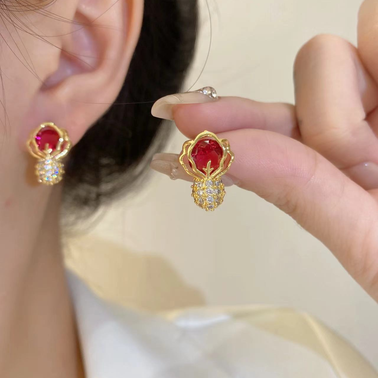 铜合金耳饰 【红色百财】气质甜美白菜小香风法式简约清新轻奢耳钉