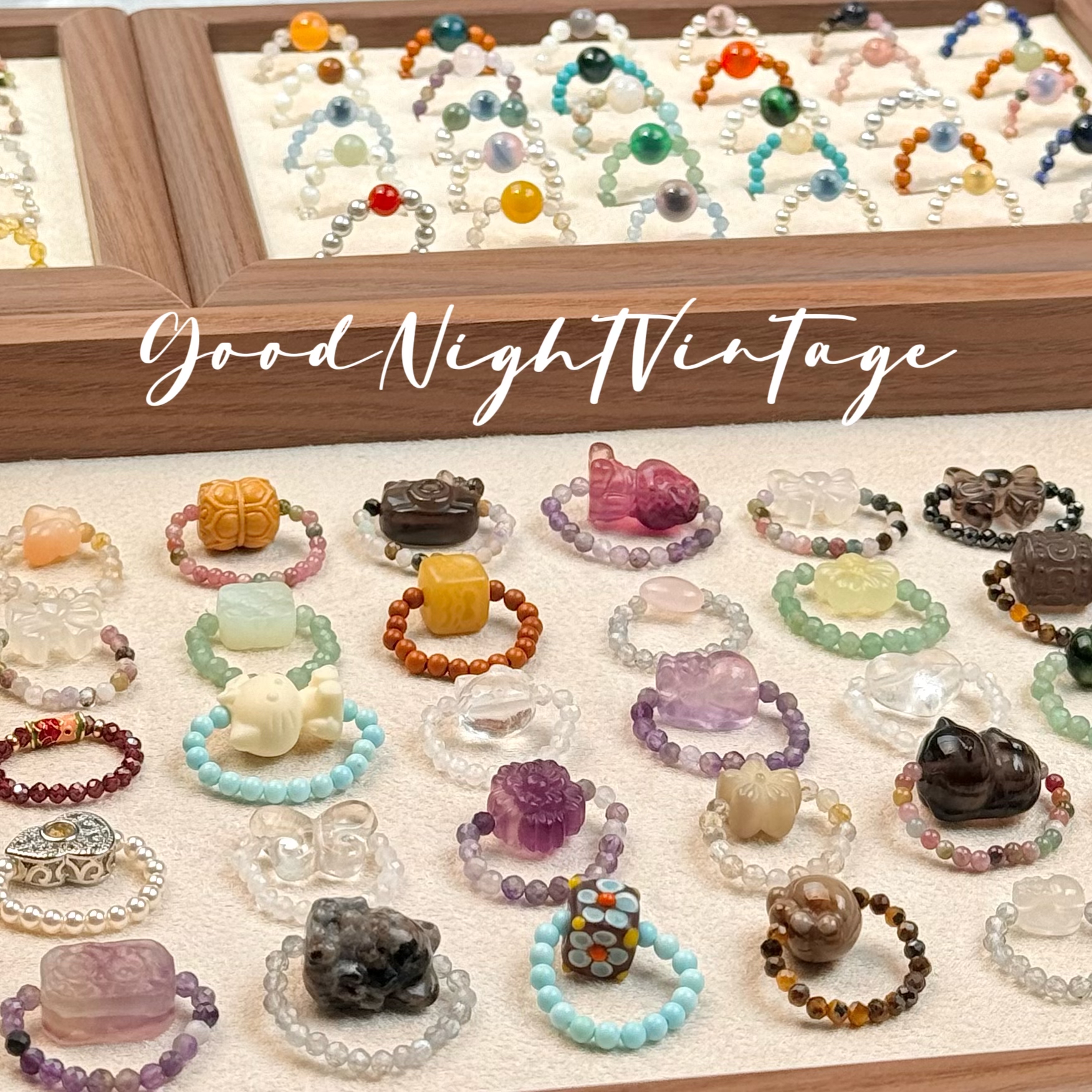 原创设计 天然水晶戒指女【古奈奈Vintage】串珠弹力绳指环