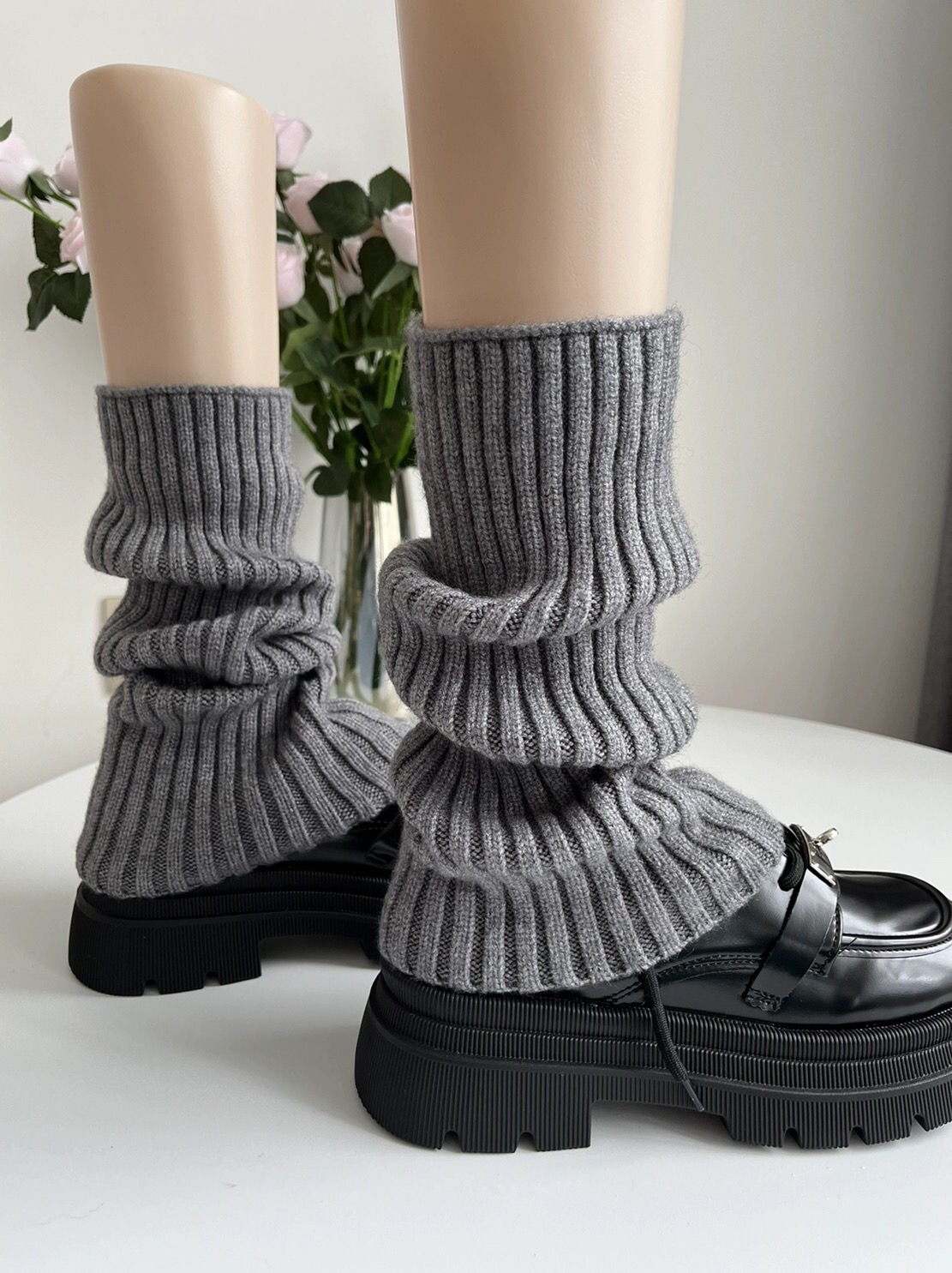 袜套 100羊绒袜套女抽条堆堆袜秋冬小腿袜