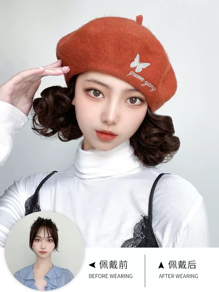 新品时尚帽子假发一体女秋冬蝴蝶贝雷帽仿真短卷发自然逼真假发帽