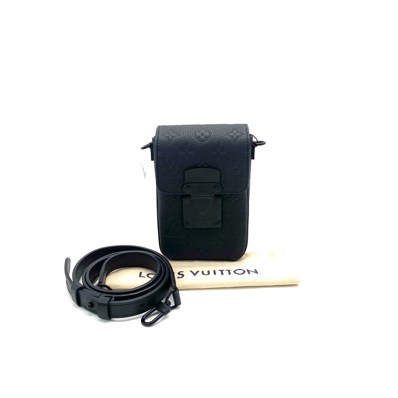 99新 LouisVuitton/路易威登 黑色全皮压花slock斜挎手机包12/19 