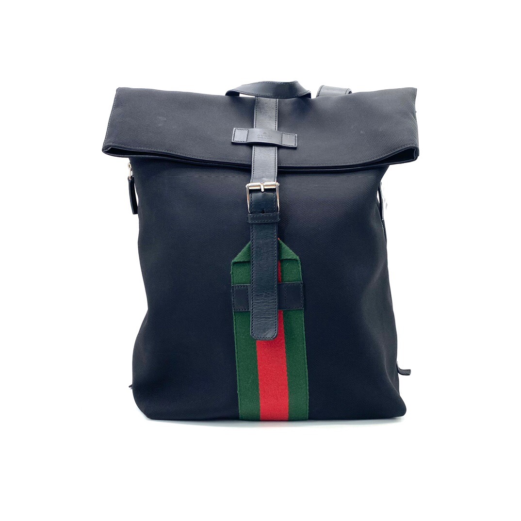 95新 GUCCI/古驰 黑色帆布单扣双肩背包 尺寸30/42