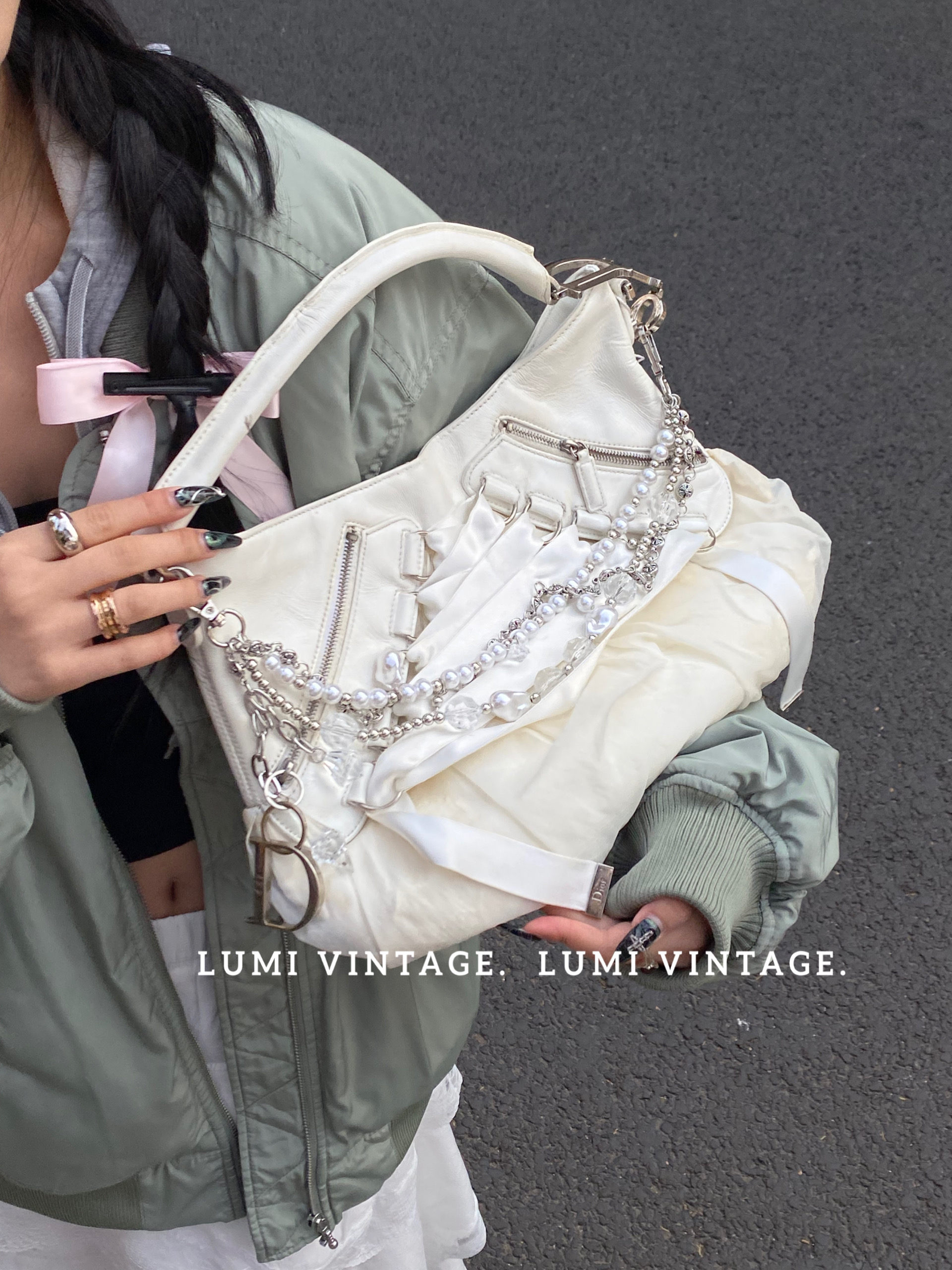 95新 Dior/迪奥 白色蝴蝶结绑带单肩包36252428