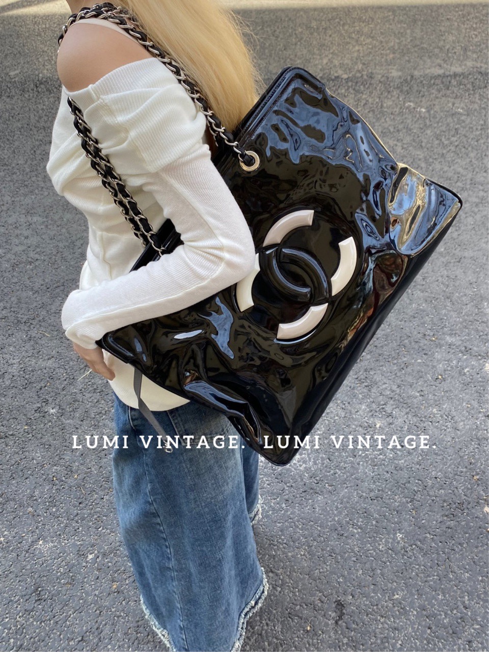 95新 Chanel/香奈儿 Lumi年终-黑银漆皮托特包 23801821