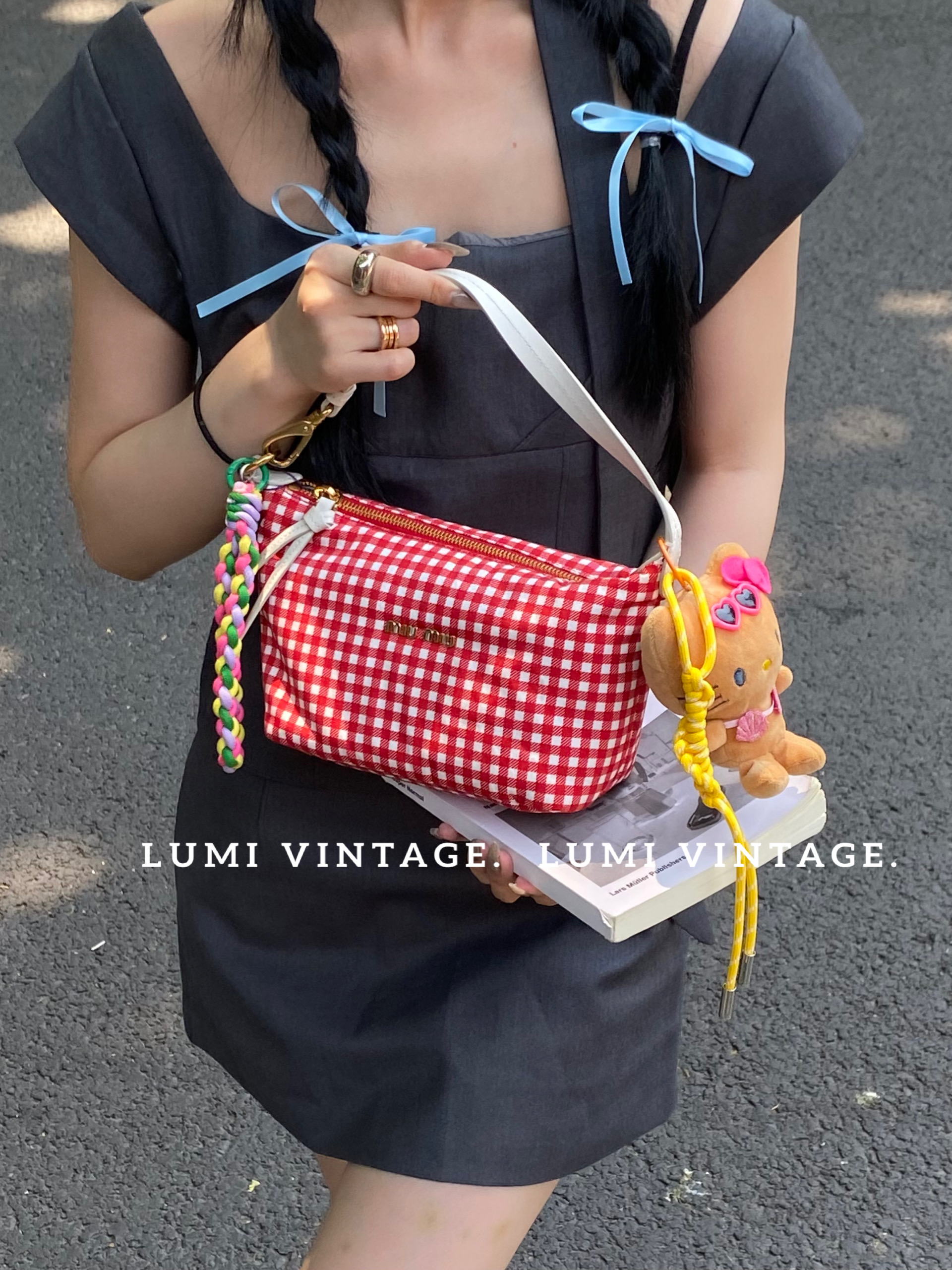 95新 MIU MIU/缪缪 红色格子手拎饭盒包99054961