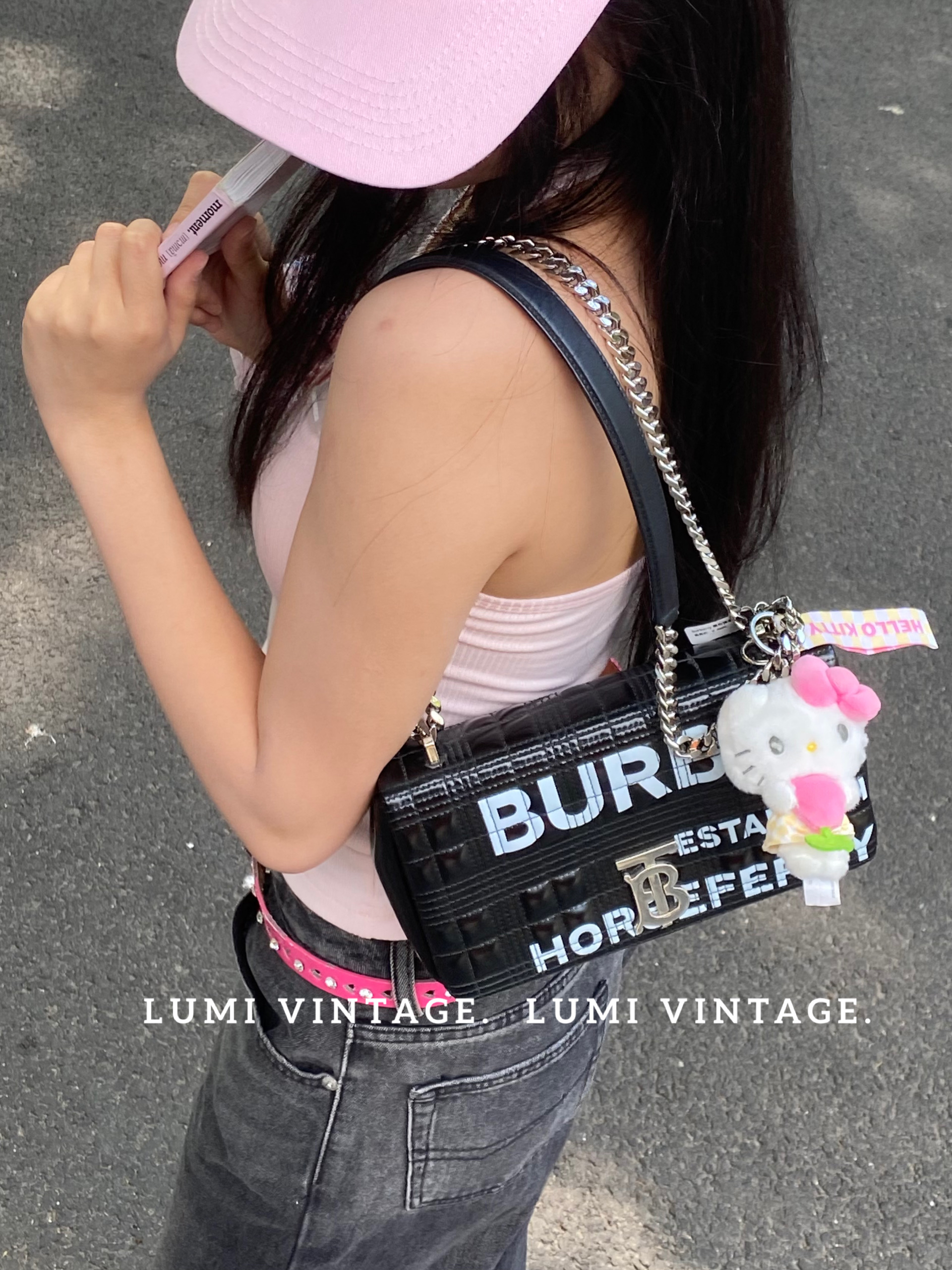 95新 BURBERRY/博柏利 黑色弹幕中号lola单肩包93982352