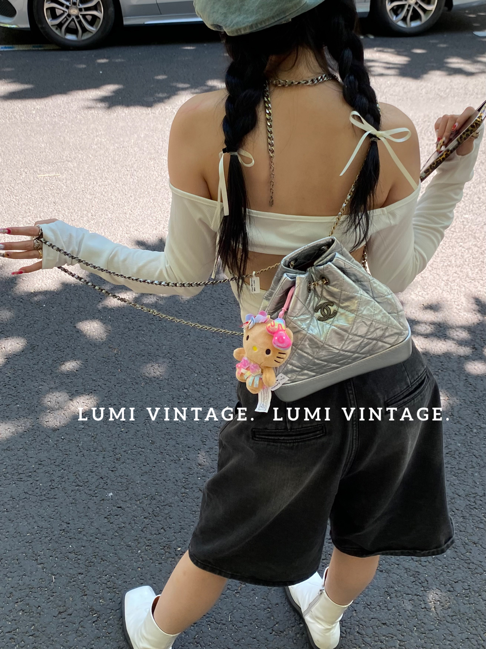 95新 Chanel/香奈儿 银色牛皮小号流浪双肩包46158346