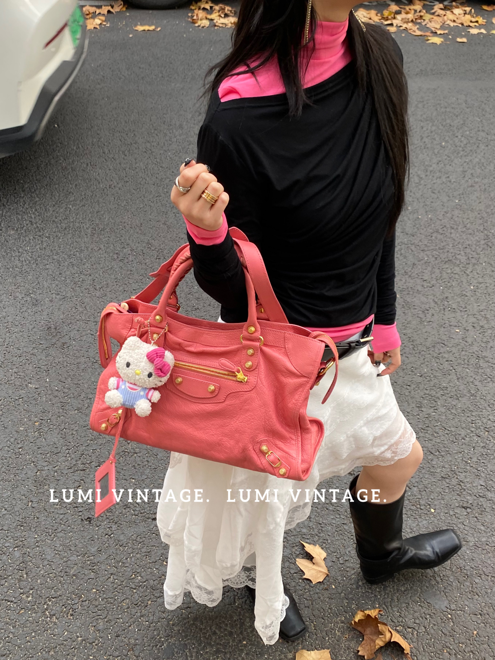 95新 Balenciaga/巴黎世家 西柚粉机车包中号14556277