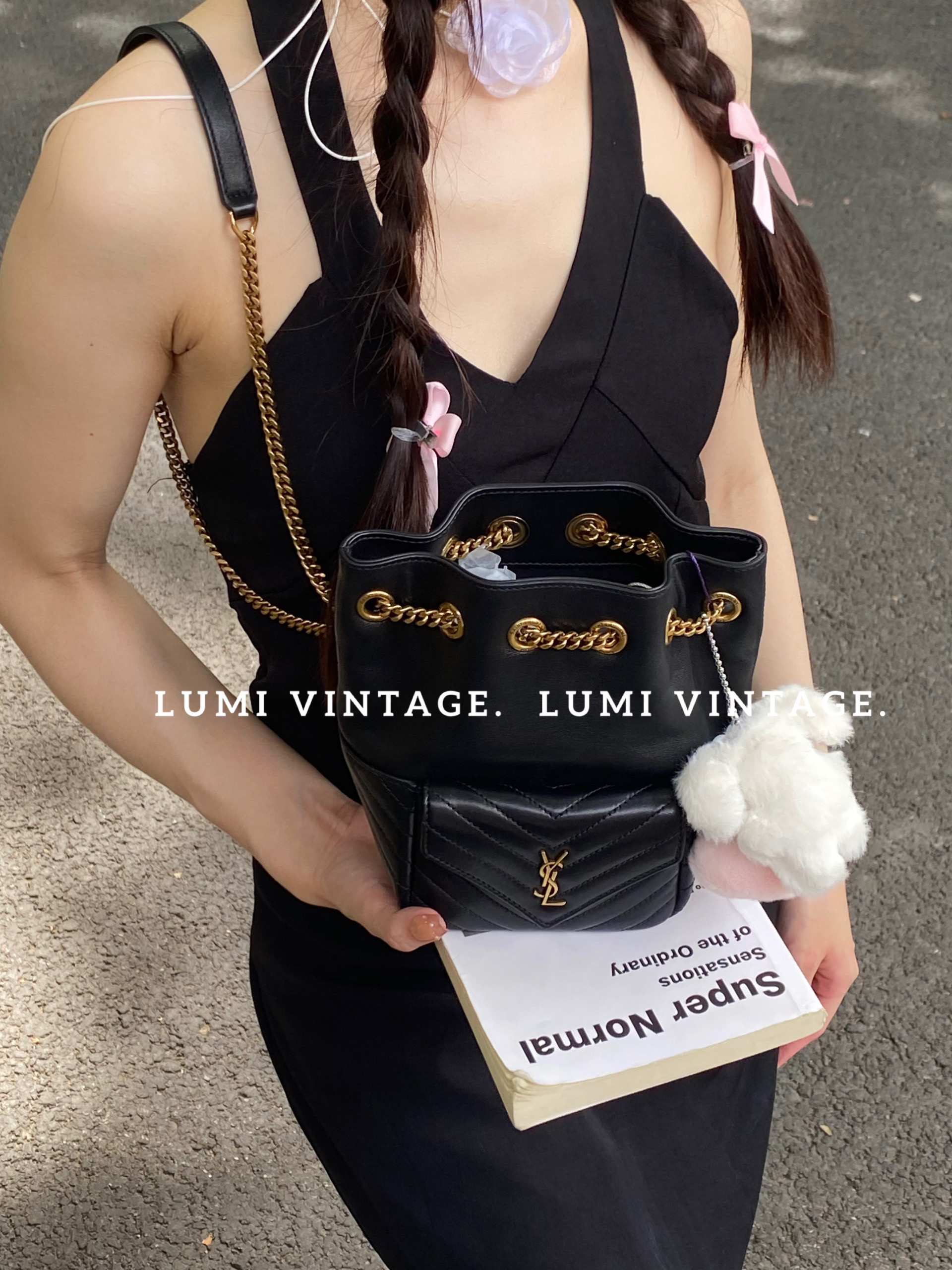 95新 YSL/圣罗兰 黑金羊皮mini joe水桶包73376206