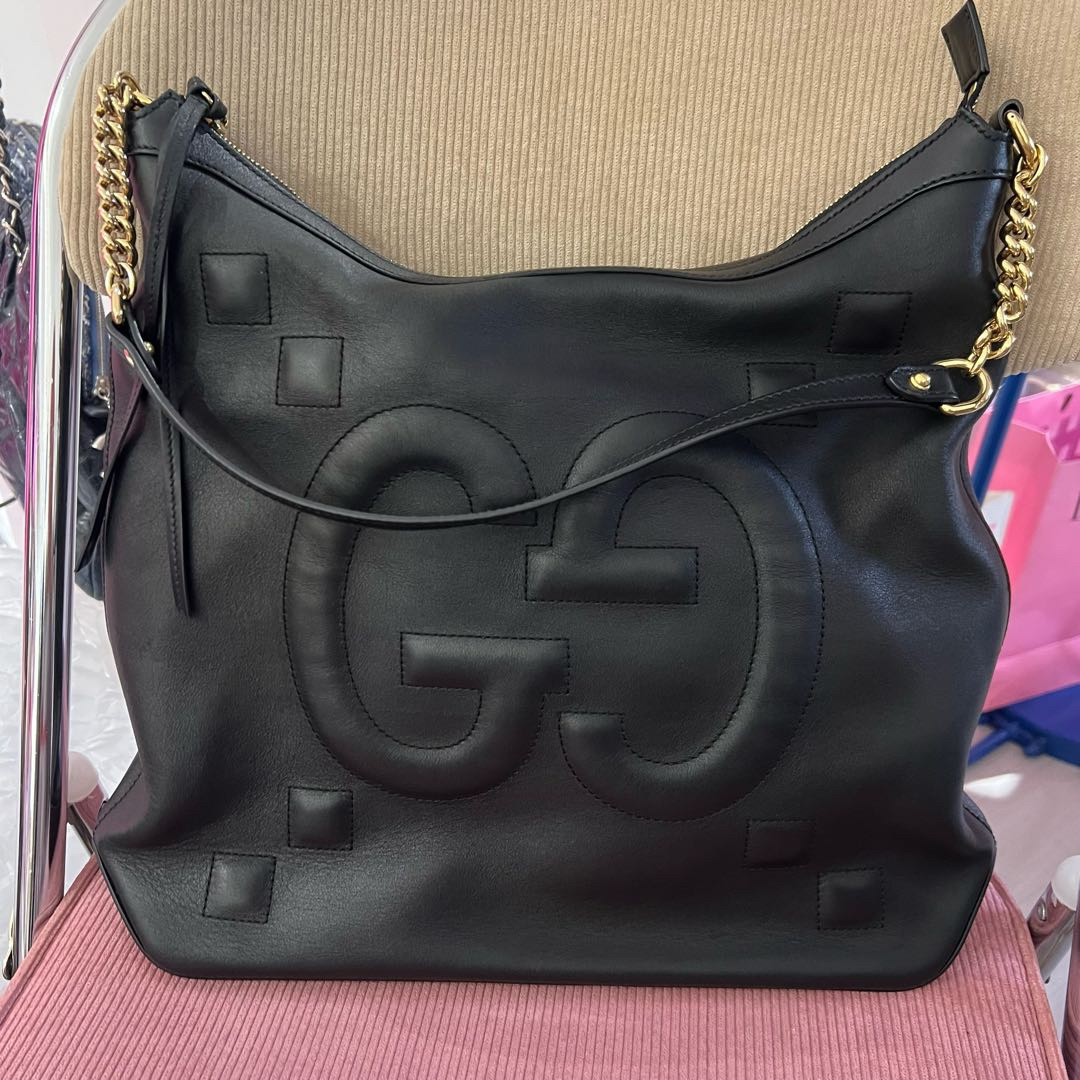 95新 GUCCI/古驰 黑色牛皮压印logo单肩包97773616