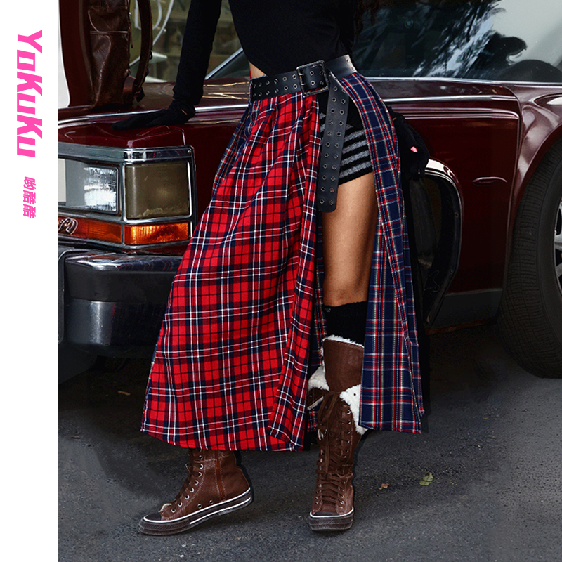 哟酷酷（荒诞英雄）美式复古苏格兰格纹百褶开衩半围裙防走光裙子