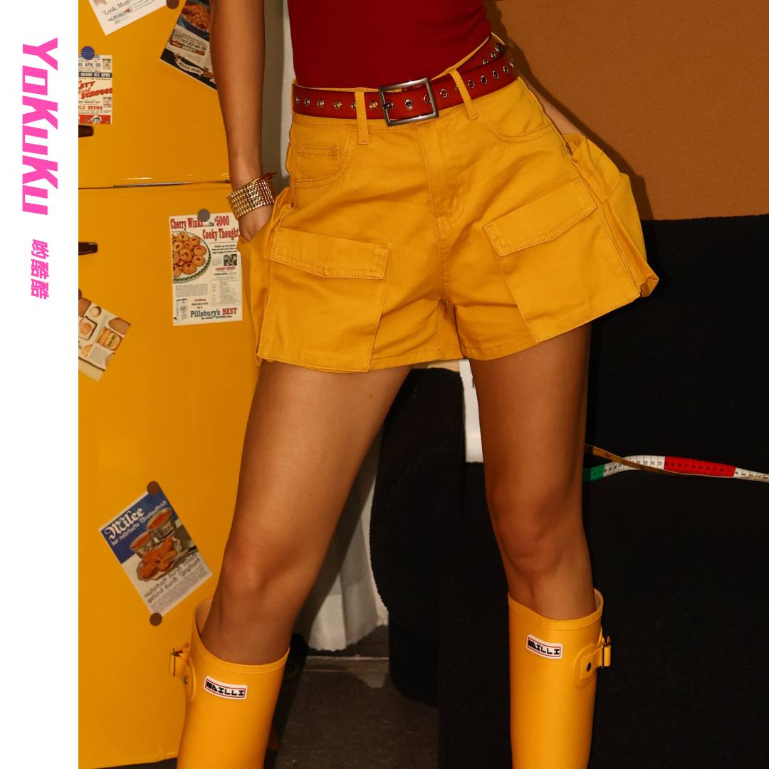 哟酷酷（落日骑士）中高腰短裤多口袋提臀休闲美式低腰牛仔短裤 