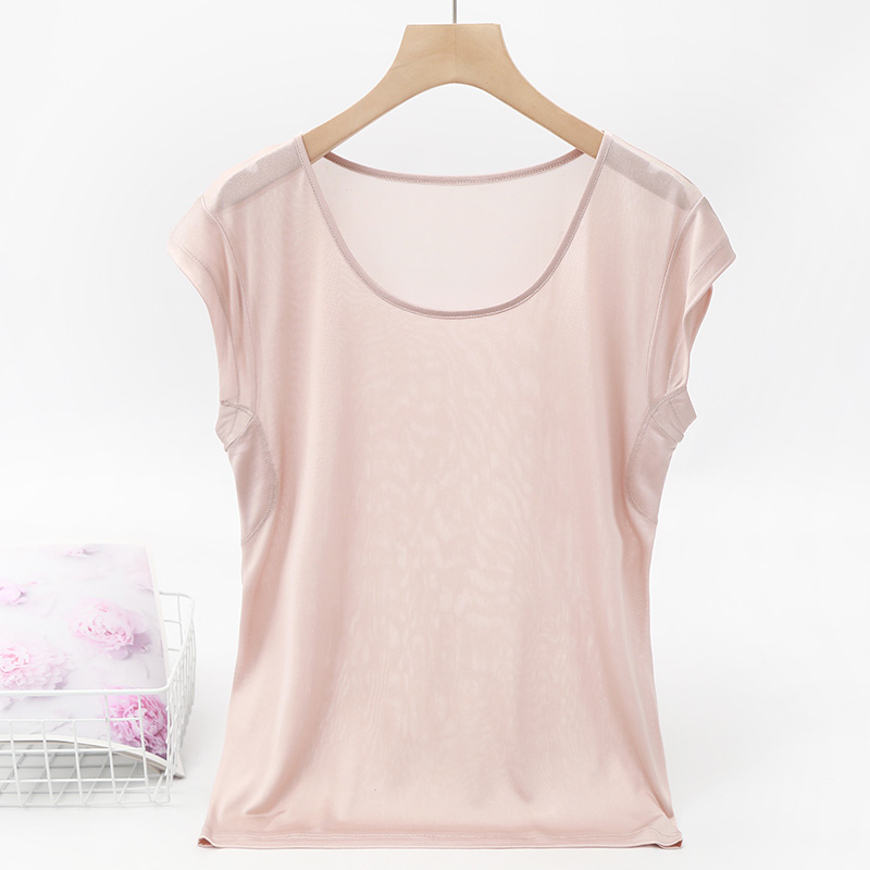 夏季女士桑蚕丝薄款休闲圆领一分袖T恤纯色简约内搭打底背心D6253