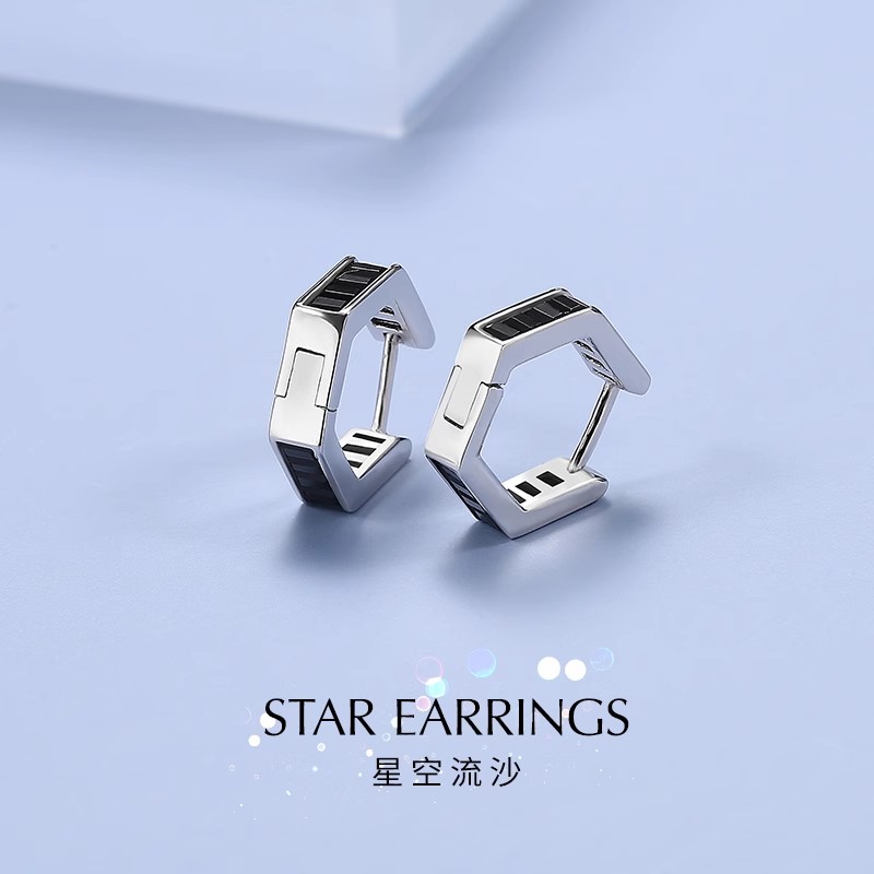 925银耳饰 耳扣耳环925银黑色简约耳圈