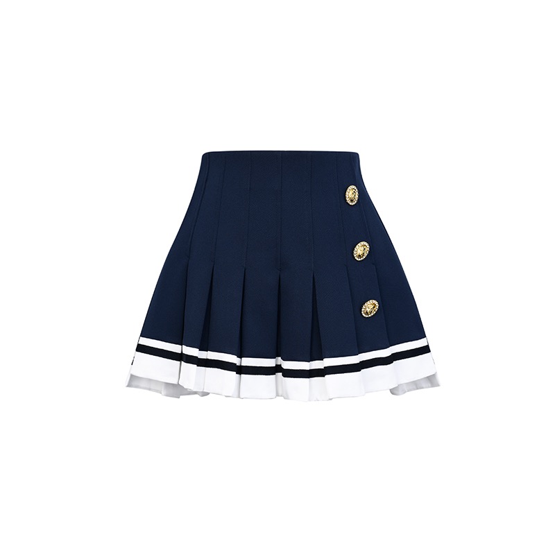 春季新款海军风迷你高腰A字百褶裙LF23C31S02N043