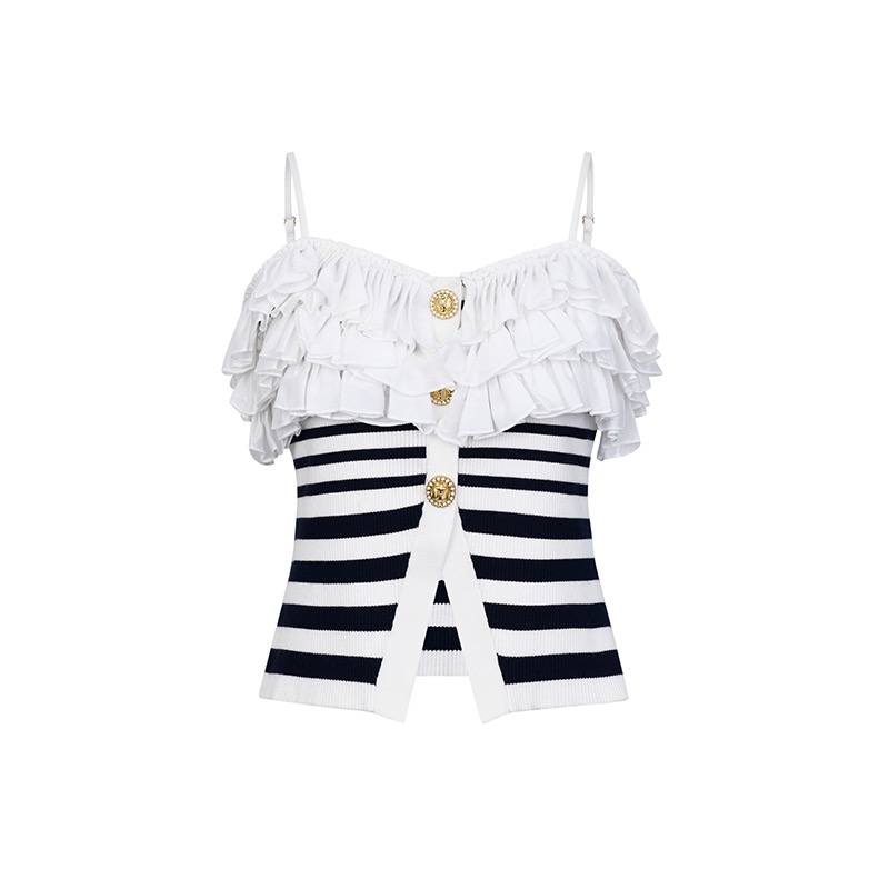 浪漫荷叶边条纹针织黑白时尚背心LF23C31ZB16N098