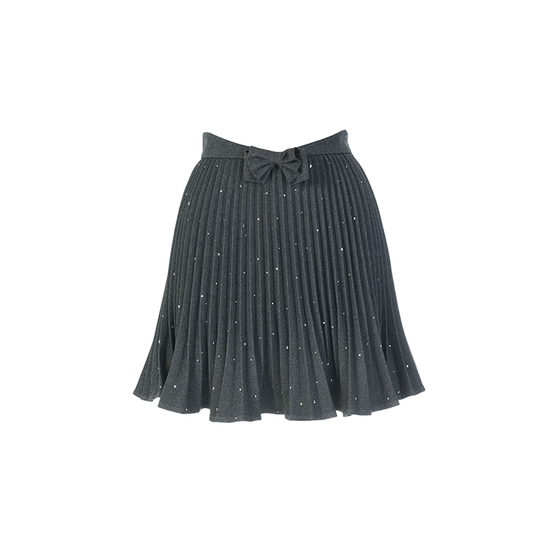 LeFame/拉飞姆2024年冬季烫钻蝴蝶结波浪摆压褶半裙LF24D41SS291