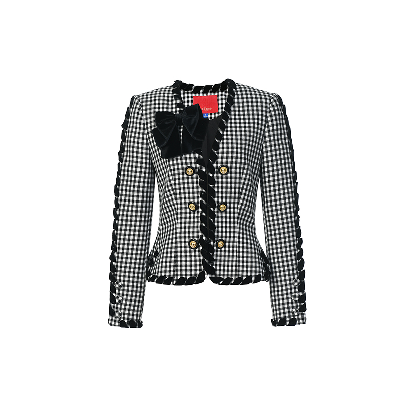 LeFame/拉飞姆摩登织带绕边装饰黑白格外套LF24Q31SC151