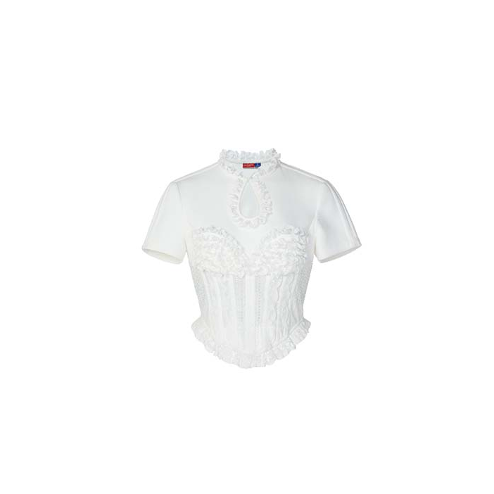 LeFame/拉飞姆荷叶边装饰闪钻修身短袖t恤LF24C51ST161