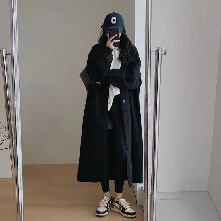 大码女装慵懒风宽松长款毛衣开衫春季新款小众设计感过膝显瘦外套