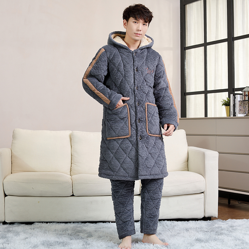 冬季男士长款加绒加厚睡衣连帽时尚保暖御寒家居服毛绒夹棉可外穿