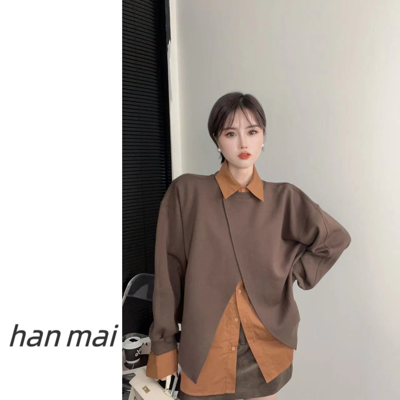 8207韩系时尚潮流宽松显瘦背心衬衫+开叉卫衣两件套