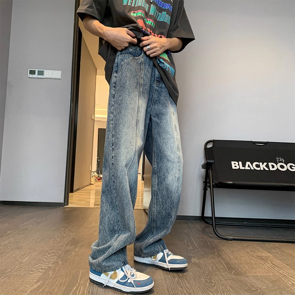 仓石一树牛仔裤男款秋季宽松阔腿水洗做旧直筒老爹裤ins高街潮牌