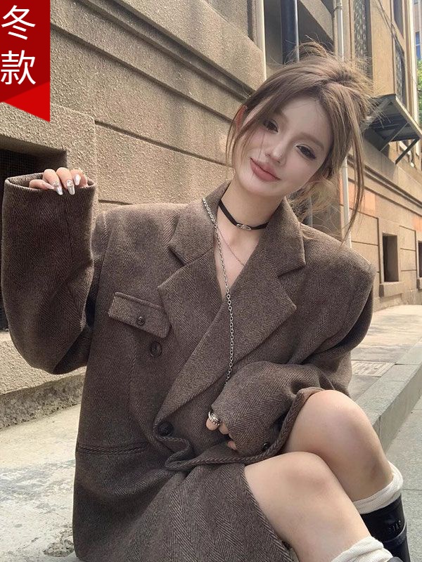 咖色复古西装毛呢外套女秋冬气质高级感宽松中长款人字纹呢子大衣