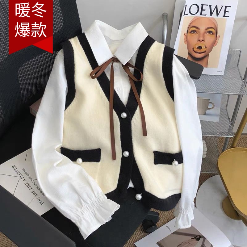 春秋学院风套装女2023新款外搭坎肩针织开衫马甲衬衫上衣两件套女