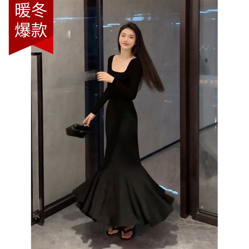 法式纯欲风设计感修身收腰显瘦秋季鱼尾裙气质包臀长款黑色连衣裙