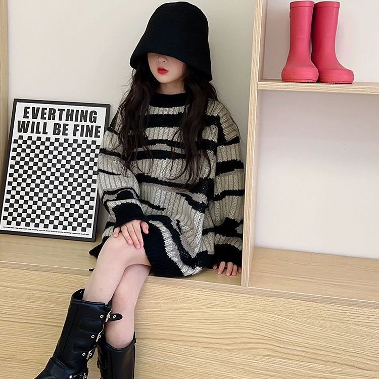 女童毛衣加绒加厚秋冬慵懒风新款洋气儿童针织连衣裙女大童中长VH