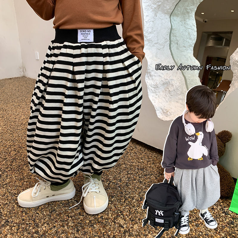 儿童卫裤秋季男女童束脚灯笼裤宝宝条纹休闲裤韩版宽松阔腿哈伦KW