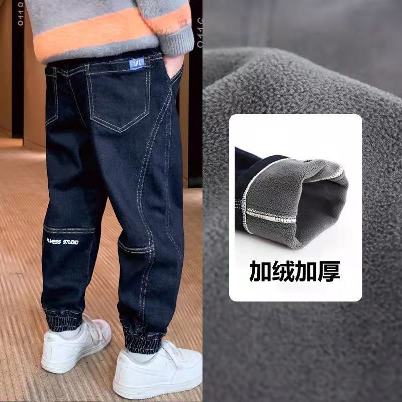 中大男童加绒裤子2023新款一体绒加厚长裤运动休闲宽松百搭弹力HO