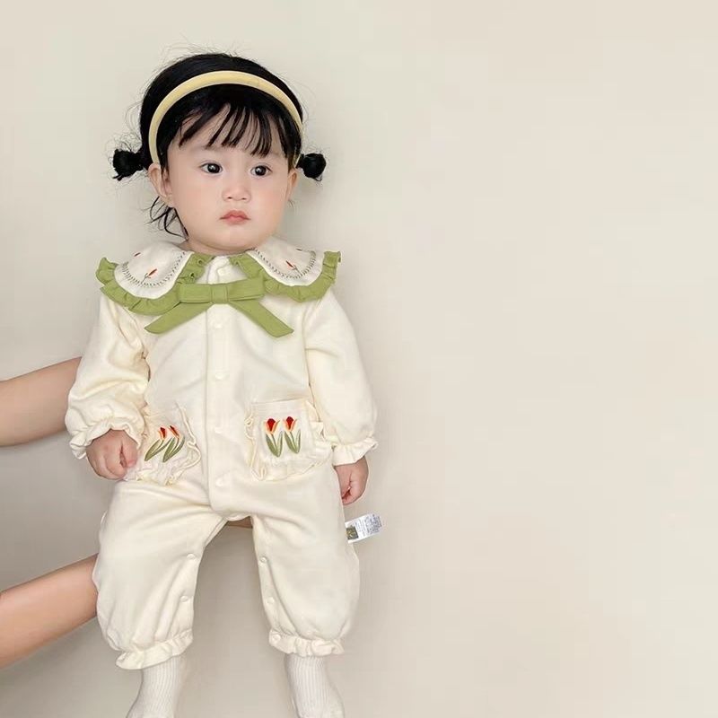 婴儿衣服秋冬甜美翻领加绒连体衣女宝宝加厚保暖哈衣冬装外出衣服
