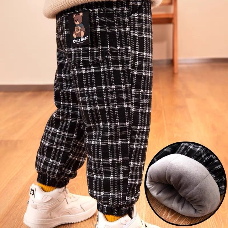 一条过冬儿童加绒格子裤子三层加厚夹棉裤女童男童男宝宝外穿冬11
