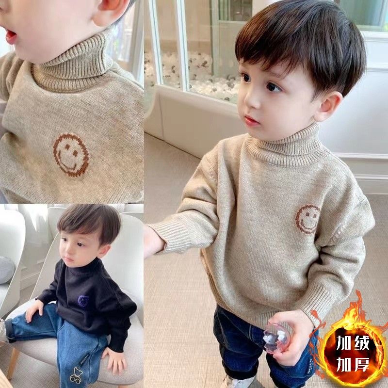 男童毛衣套头针织衫秋冬装2023新款韩系高领加绒加厚宽松打底衫70