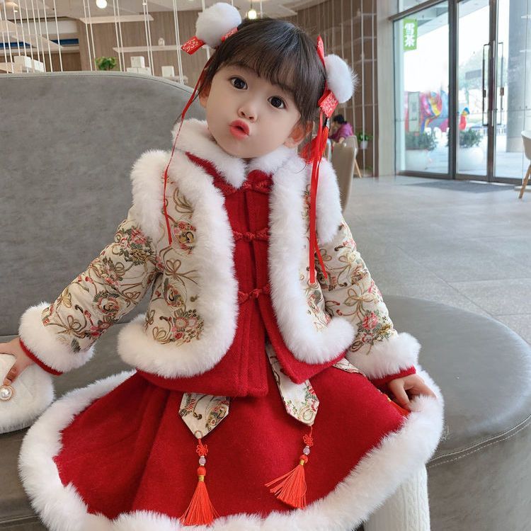汉服女童冬装新年衣服儿童中国风童装加绒唐装小童过年宝宝拜年服