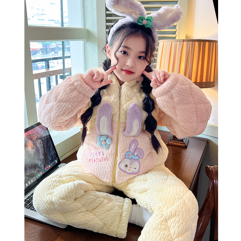 儿童睡衣女童冬季珊瑚绒加厚三层夹棉中大童公主法兰绒家居服套装
