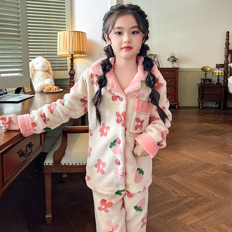 儿童冬季珊瑚绒秋睡衣女童加厚款法兰绒中大童公主小女孩家居服