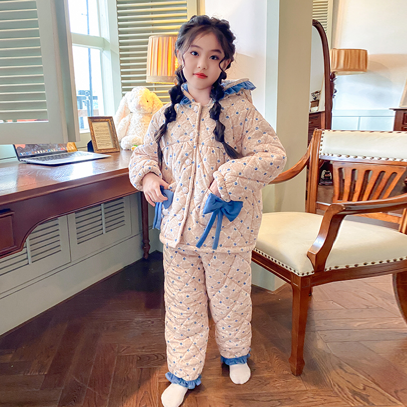 儿童三层夹棉保暖睡衣可爱微收袖口长袖亲子连帽可外穿家居服套装