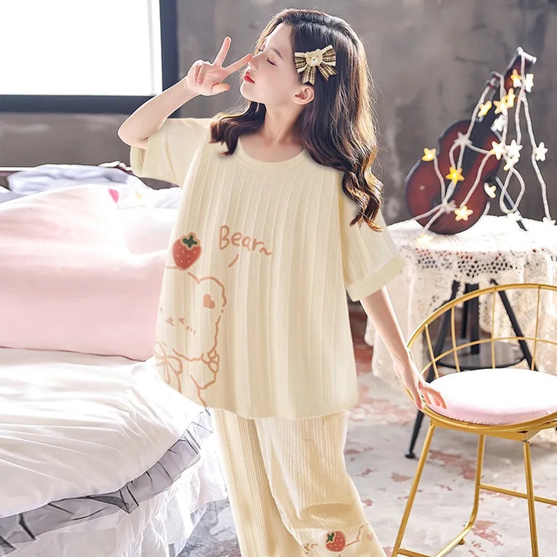 女童睡衣夏季中大童纯棉亲子儿童短袖长裤套装母女女孩宝宝家居服