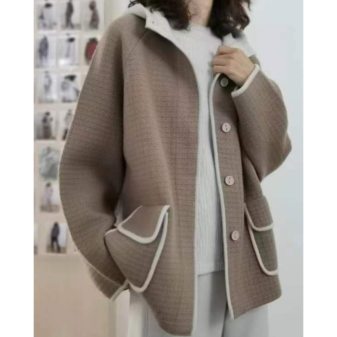 粗犷罗马纹纯山羊绒加厚撞色连帽短款大衣